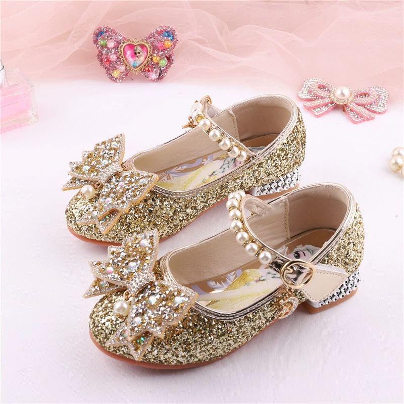 Замороженные девушки с блестками Одиночки Весенние и осенние девушки на высоких каблуках Айша Золотая Принцесса Обувь Детская обувь на месте