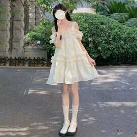 日系甜美花边拼接两穿吊带连衣裙女学生夏季遮肉显瘦仙女蓬蓬裙子