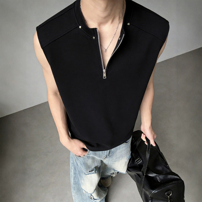 Trendy Brand Cool American-Style Half-Zip Vest for Men, Summer White Sleeveless T-Shirt, New Model 26 Trendy Brand Cool American-Style Half-Zip Vest for Men, Summer White Sleeveless T-Shirt, New Model 26