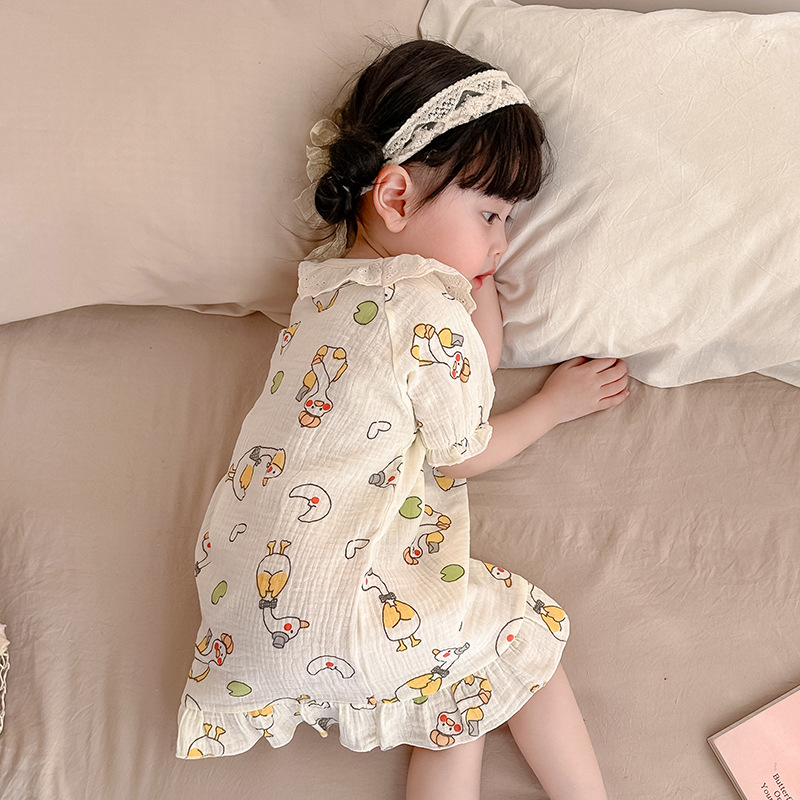 New Pure Cotton Double-layer Cotton Yarn Girls' Nightgown Children's Pajamas Summer Baby Home Clothes Women's Summer Gauze