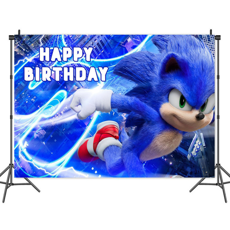 Foreign trade photography background cloth blue hedgehog Sonic Boom birthday party decoration banner props 5x3ft