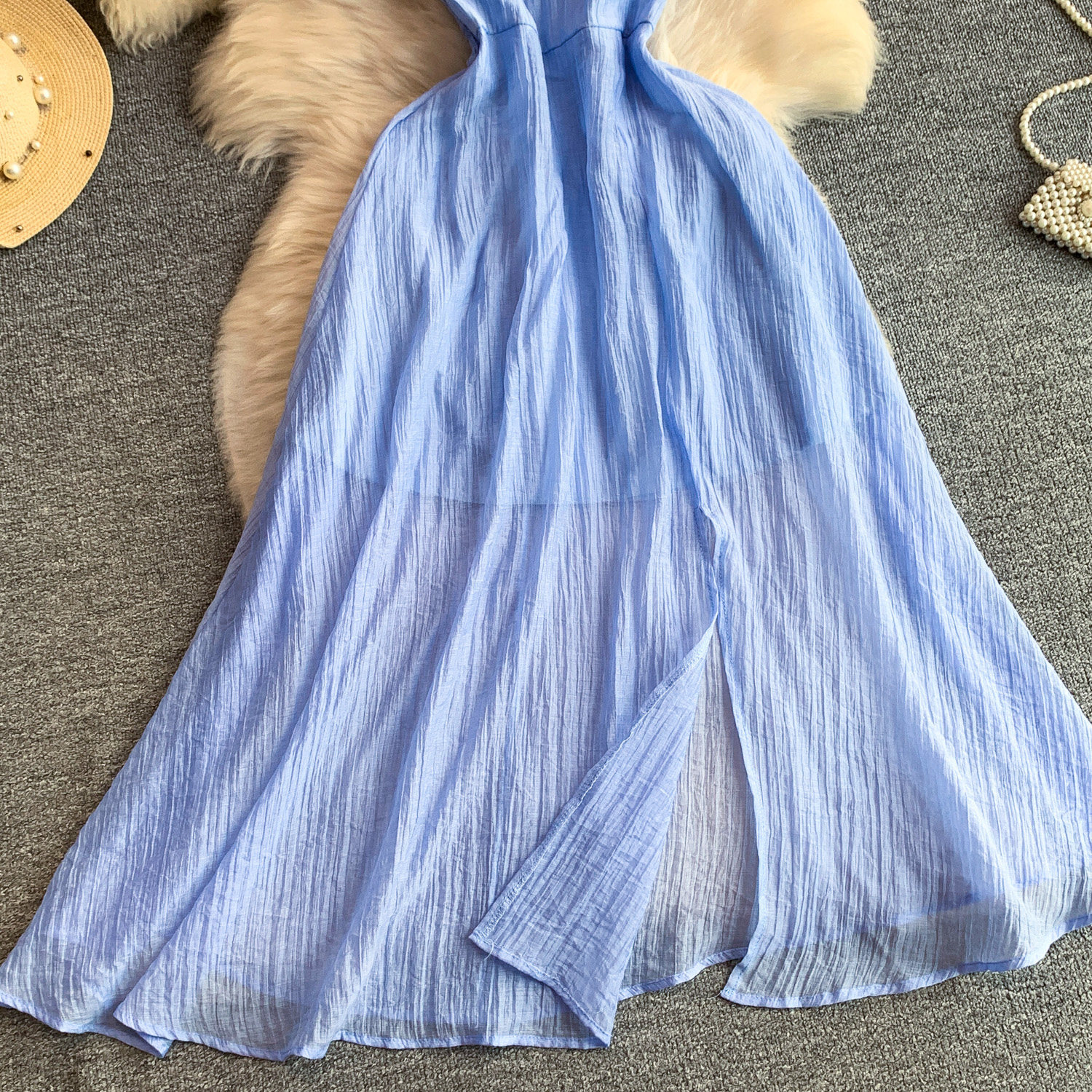 Women's French Style Elegant Square Neck Puff Sleeve Dress Casual Slit Long Skirt Pleated Waist Slimming Summer Style_ecoleips.com