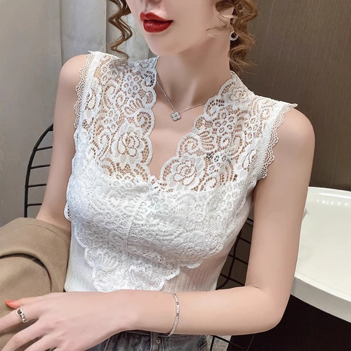 Curve-beaded Ice Silk Spring/Summer Knitted Camisole for Women: French-style V-neck Lace, Slimming, and Chic Sleeveless Top