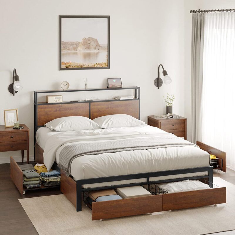 Double Iron Bed Wooden Iron Frame Bed with Large Capacity Storage Drawer Modern Simple Dormitory Home Bed Customization Double Iron Bed Wooden Iron Frame Bed with Large Capacity Storage Drawer Modern Simple Dormitory Home Bed Customization