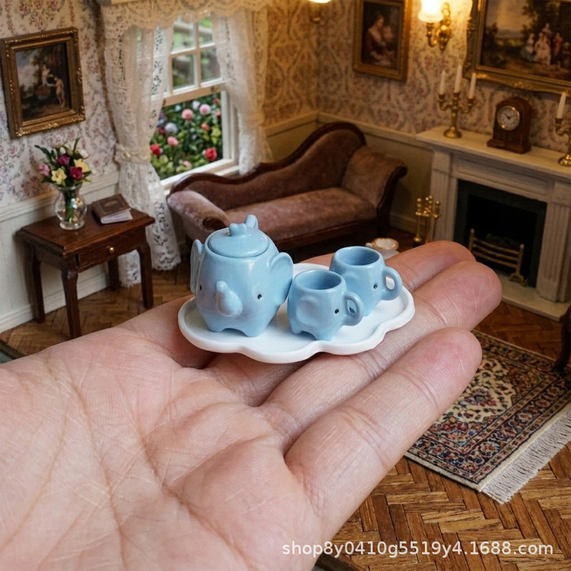 4-piece miniature tea set model set, elephant-shaped, metal painted craftsmanship, 1/12 scale dollhouse BJD original design 4-piece miniature tea set model set, elephant-shaped, metal painted craftsmanship, 1/12 scale dollhouse BJD original design