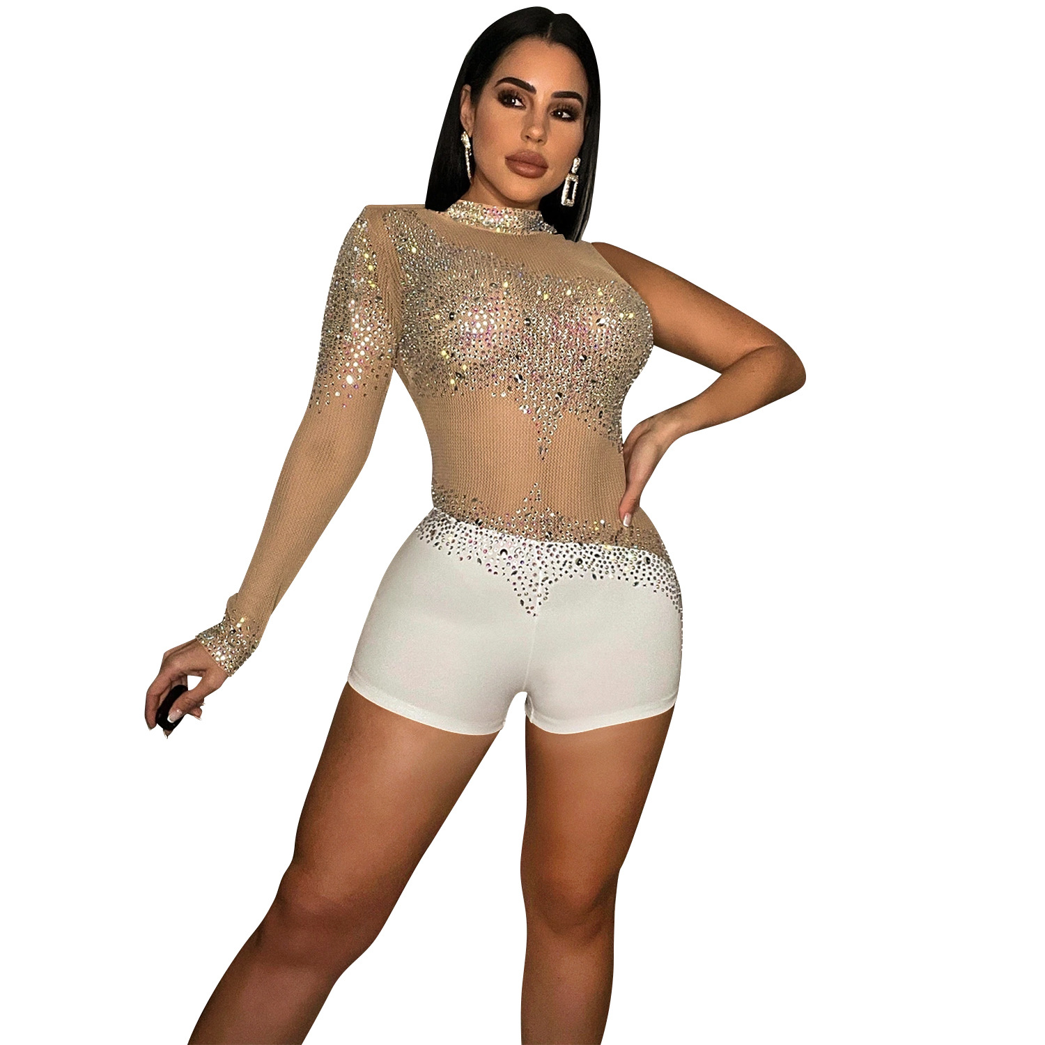 C5841 transfronteriza nueva AliExpress moda europea y americana sexy apretado club nocturno mono Perspectiva de malla de manga única para las mujeres image 12