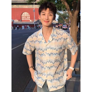 度假风古巴领镂空针织短袖衬衫男款夏季海边出片穿搭彩色条纹衬衣