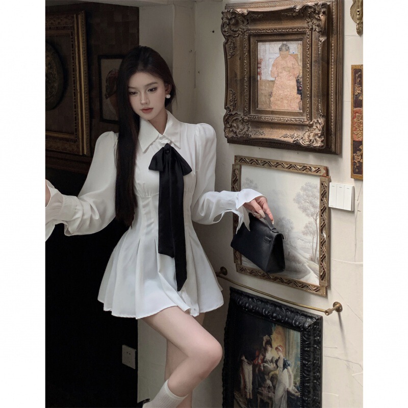 French Style Gentle Long-sleeved Shirt dress Women's Autumn White Satin Skirt Waisted Slim-fit Elegant Short Skirt French Style Gentle Long-sleeved Shirt dress Women's Autumn White Satin Skirt Waisted Slim-fit Elegant Short Skirt