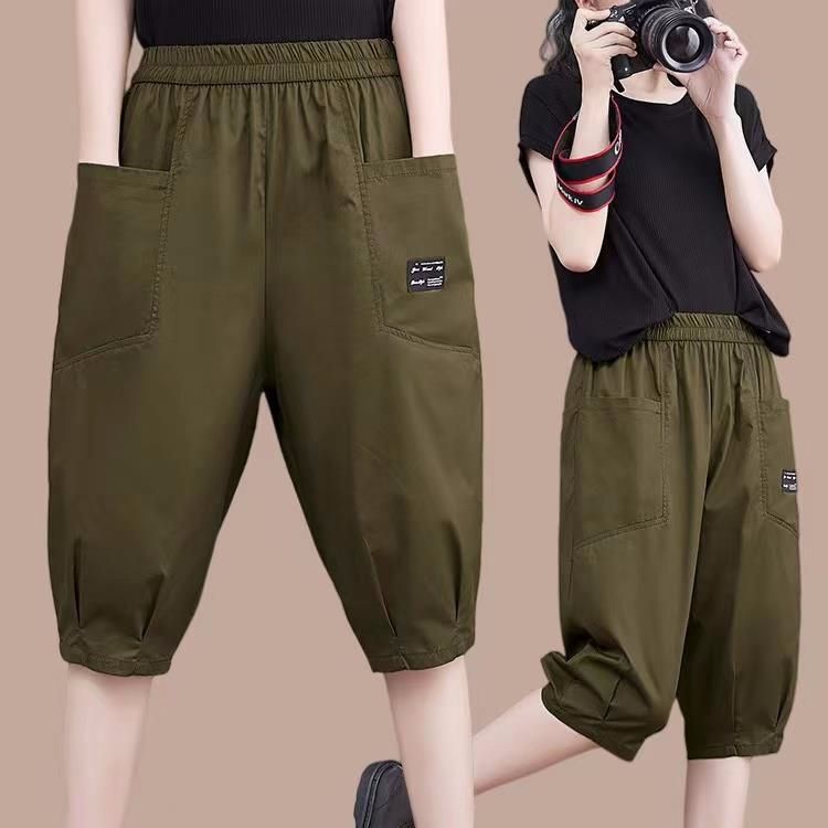 Summer Thin Large Flap Pocket Pants Six-Point Pants Women's Plus Size Loose Age-Reducing Flesh-Covering Fashionable Elastic High-Waist Cargo Pants
