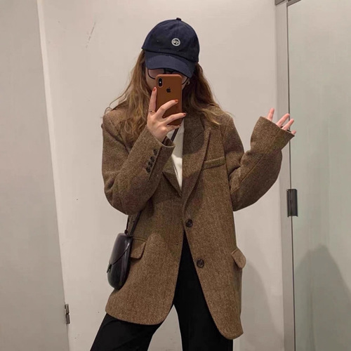 Coffee color small suit coat for women's autumn and winter new small casual Korean retro herringbone top