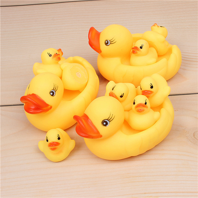 Rubber Duck Kidsren's Bath Toy Mother and Kids Net Duck Set of One Big and Three Small Yellow Duck Set of Pinch and Call Toys