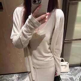 天丝亚麻轻薄休闲慵懒开衫背心半裙宽松三件套麻白深灰紫色绵羊绒
