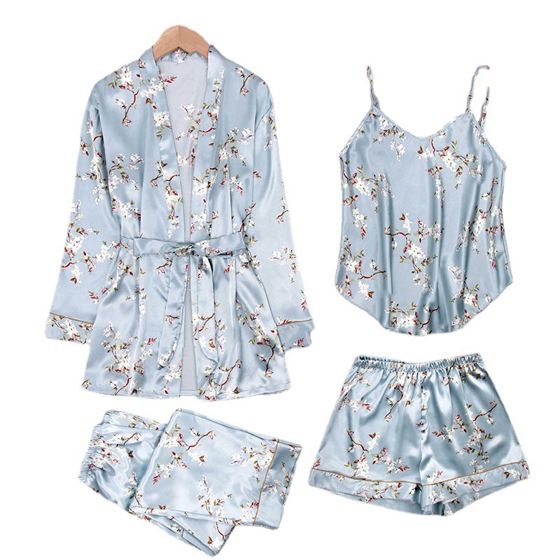 customized Yao Ting Borneol Four piece suit pajamas sexy camisole Long sleeve robe silk Home Furnishings suit