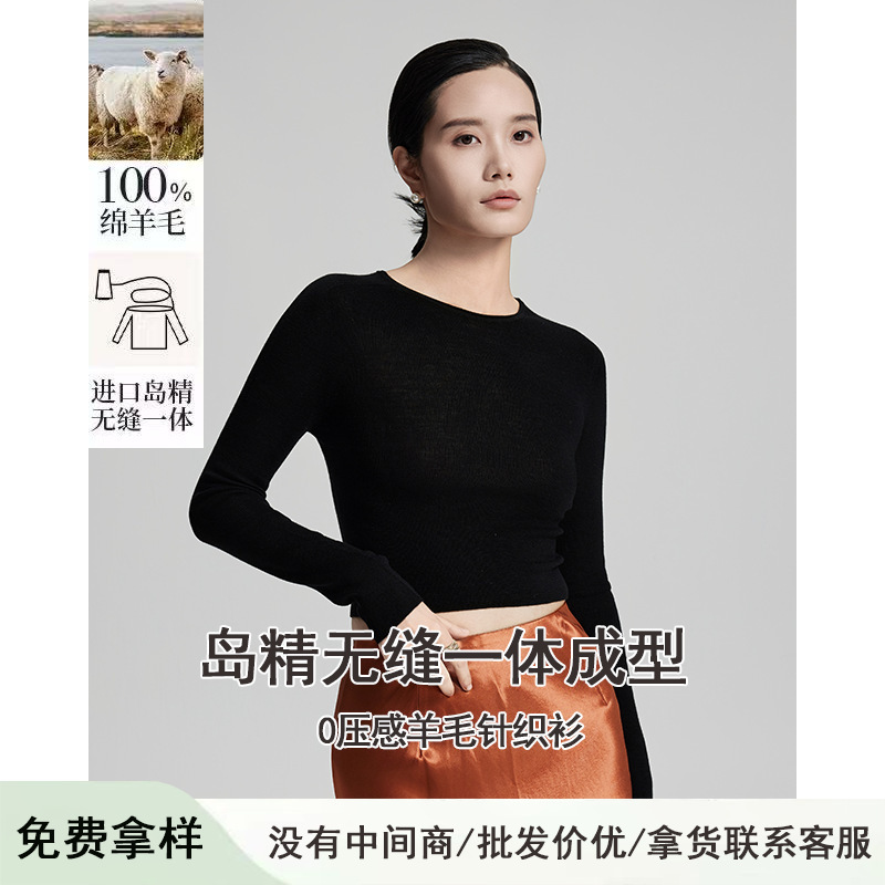 Yangtze Yarn Seamless One-piece Curl Crewneck Long-sleeved Knitted Sweater Small Slim-fit Short Top Thin Base Shirt