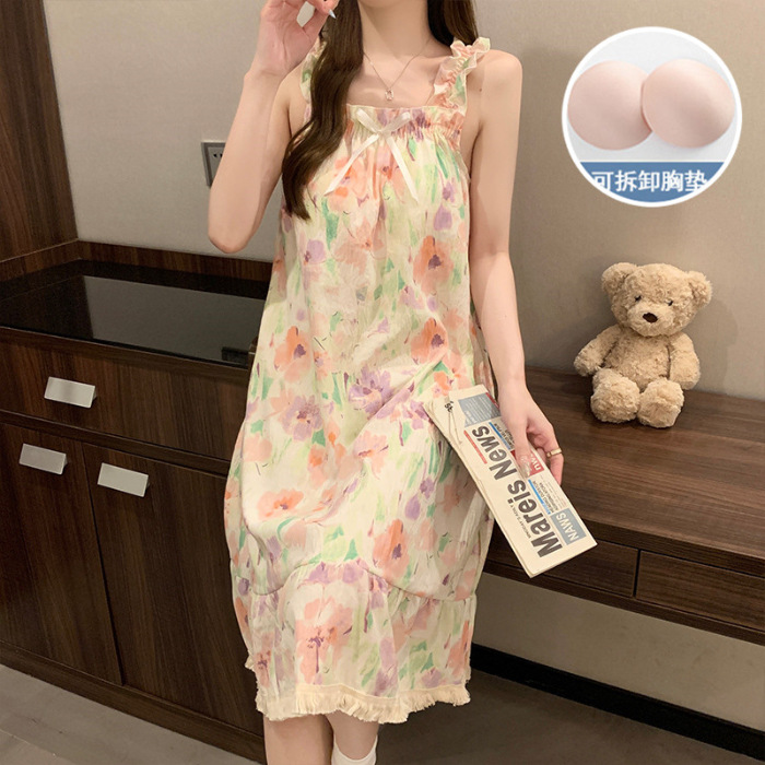 Verano con almohadilla de pecho dulce esling pijama vestido de mujer flores dulces lindas pijama casera casera