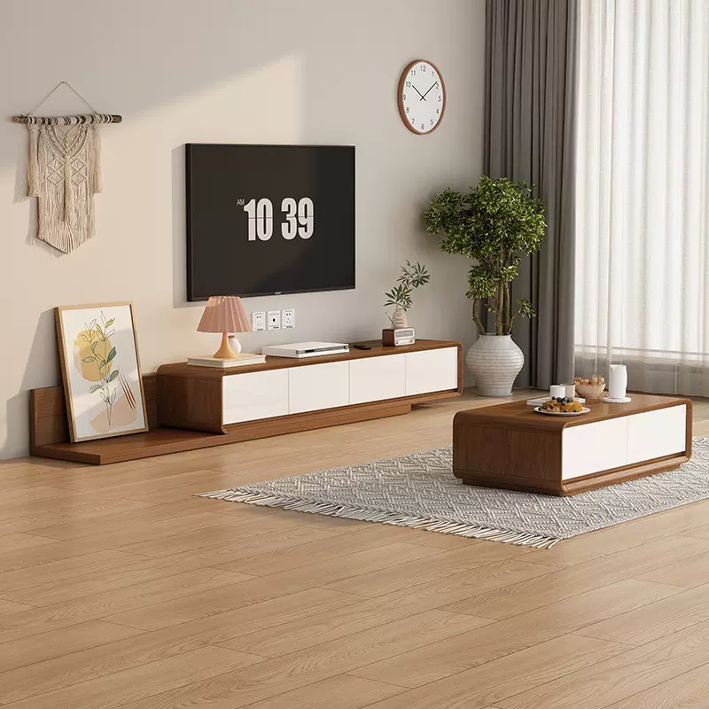 简约现代电视柜茶几组合客厅家用落地收纳柜小户型实木框电视机柜