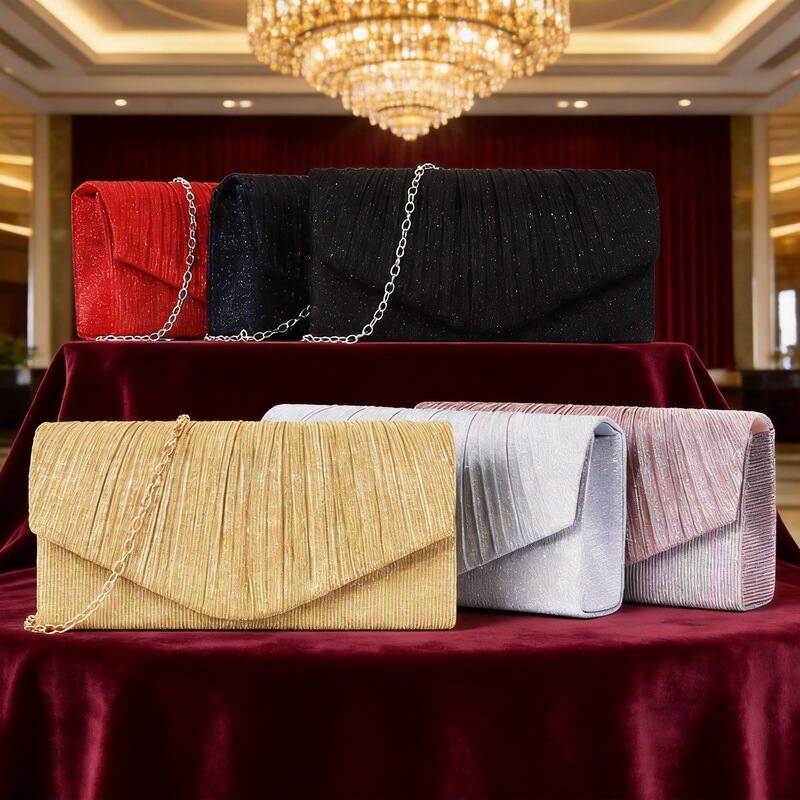 2026 Cross-border Handbag Pleated Striped Cover Glitter Material Evening Dress Party Women's Bag Prom 2026 2026 Cross-border Handbag Pleated Striped Cover Glitter Material Evening Dress Party Women's Bag Prom 2026