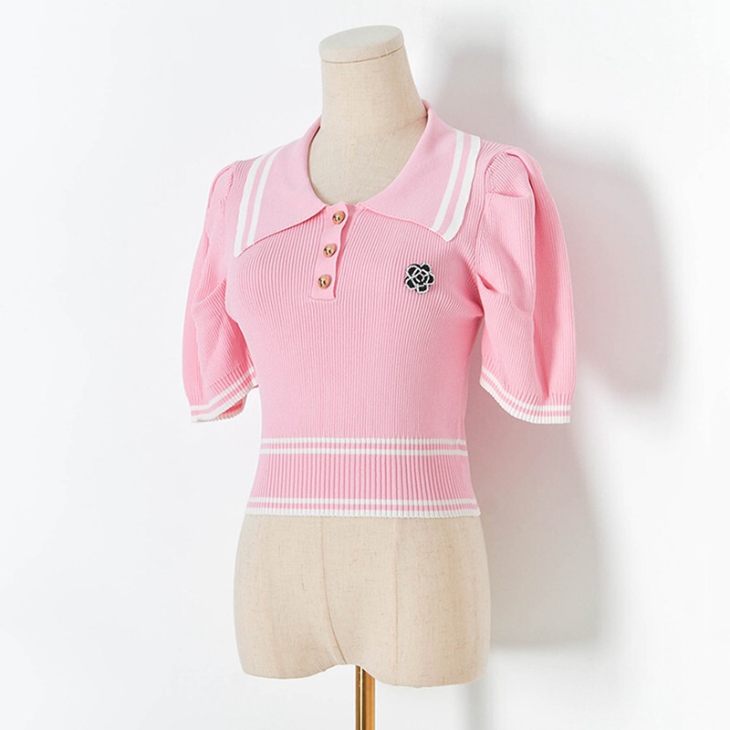 Y230432 Summer New Candy Color Pink Lapel Puff Sleeve Short-Sleeved Knitwear