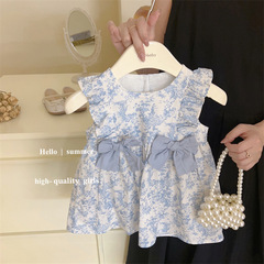 Child star round girl French style summer sweet bow sleeve flying fashionable trendy travel dress new skirt