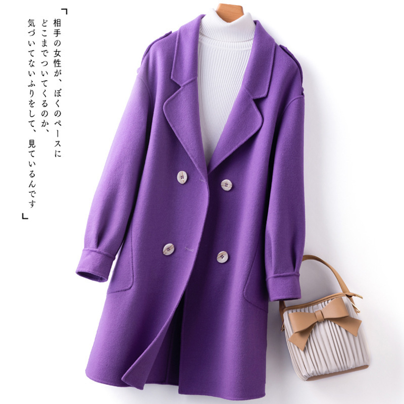 Mid-length Bubble Sleeve Double-sided Cashmere Coat Pure Wool Purple Women's Slim-fit Thickened New Woolen Coat for Autumn and Winter