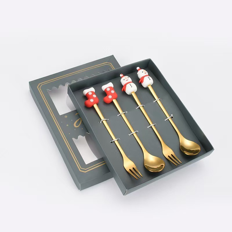 Cucharas de acero inoxidable transfronterizas muñecas de Papá Noel cubiertos cajas de regalo caseras de café mezclador cucharas de postre horquilla de frutas