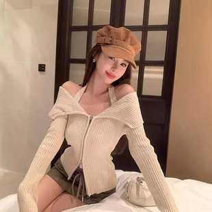 Pure Desire Spice Girl off-shoulder Top Women's Autumn and Winter American Double Zipper Hanging Neck Knitted Base Shirt Inner Sweater