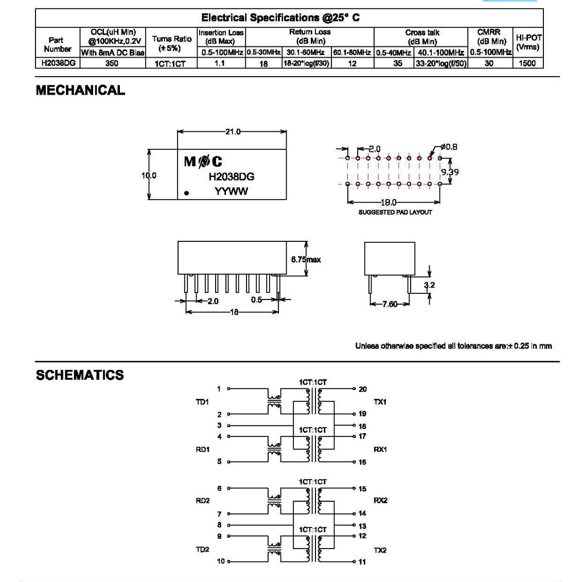 H2038DG 以太网络变压器LAN Transformers 10-100-Base-T