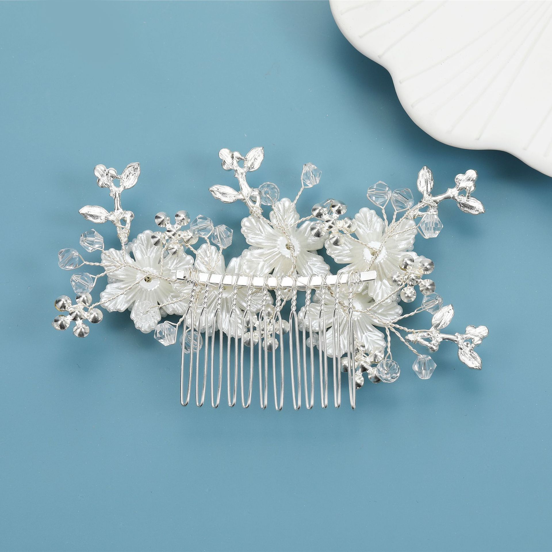 Bridal wedding hair accessories white flowers beaded hair comb