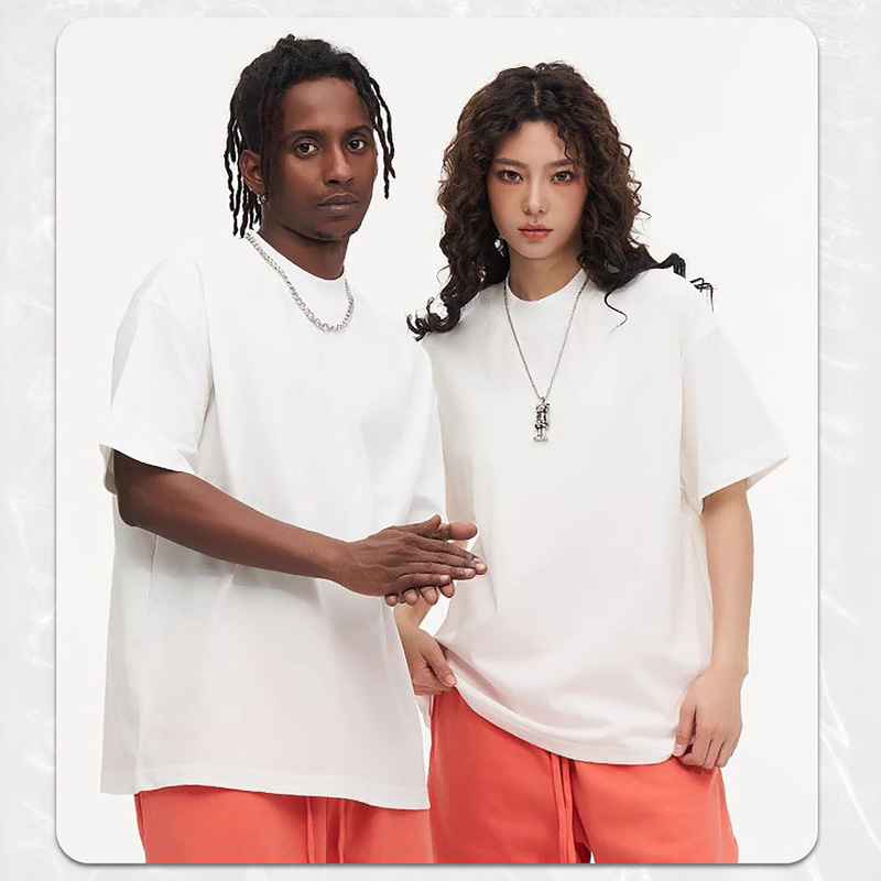 New Heavyweight 270g Pure Cotton High Collar Short Sleeves 32 Woven Double Yarn Loose Fit Off-Shoulder Trendy Brand Versatile Casual