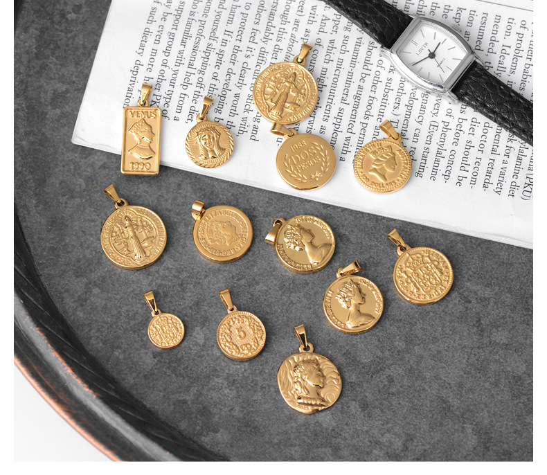 1 Piece Quantity 1 Piece 304 Stainless Steel PVD Coated Real Gold Plated Human Coin Polished Pendant DIY Jewelry Accessories