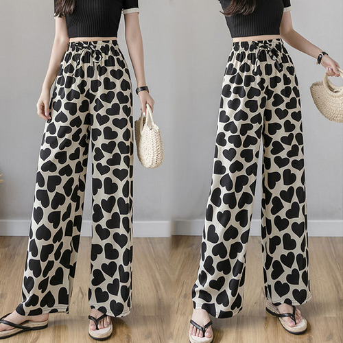 Thailand Printed Heart Wide Leg Pants for Women - Summer Thin Fit Loose Plus Size High-Waisted Slimming Long Pants