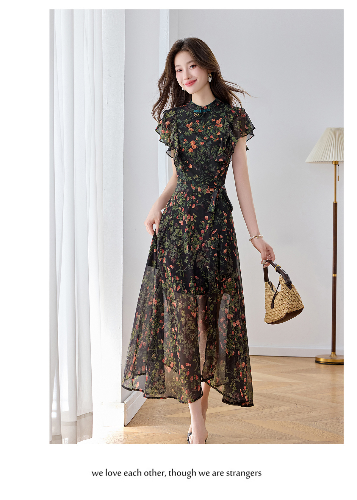 Đầm maxi nữ thắt eo họa tiết hoa nhí hai dây mặc hai kiểu Z5718 — Hoa đỏ, Chấm tròn chi tiết 20