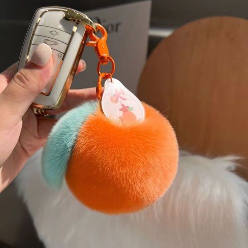 Imitation Rex Rabbit Fur Peach You Happy Car Keychain Fruit Pendant Cute Plush Ball Bag Pendant New Year Gift