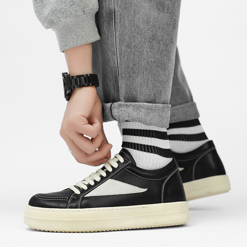 黑色ro板鞋正品侵权倒三角男鞋冬厚底内增高6CM真皮运动鞋休闲鞋