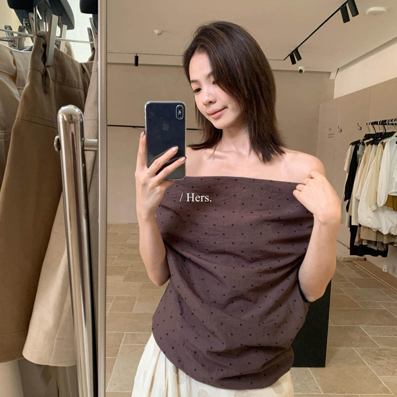 Hers Sweet Summer Women's Korean Retro Style Polka Dot Versatile Slimming Off-Shoulder Sleeveless Top 80754 Hers Sweet Summer Women's Korean Retro Style Polka Dot Versatile Slimming Off-Shoulder Sleeveless Top 80754