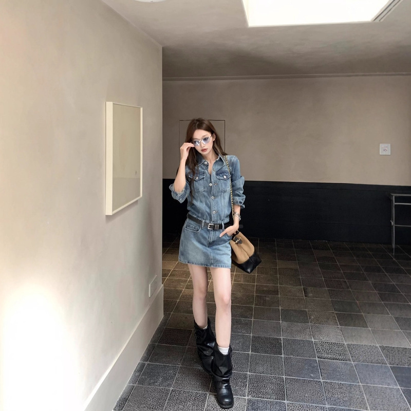 高级感复古水洗牛仔衬衫连衣裙女2025秋季新款宽松显瘦A字裙短裙|undefined