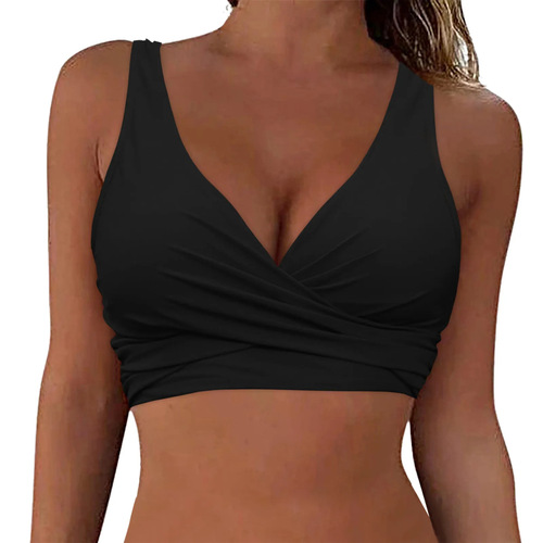 Bikini Top: Solid Color Strappy High-Waisted European and American Sexy One-Piece Swimsuit