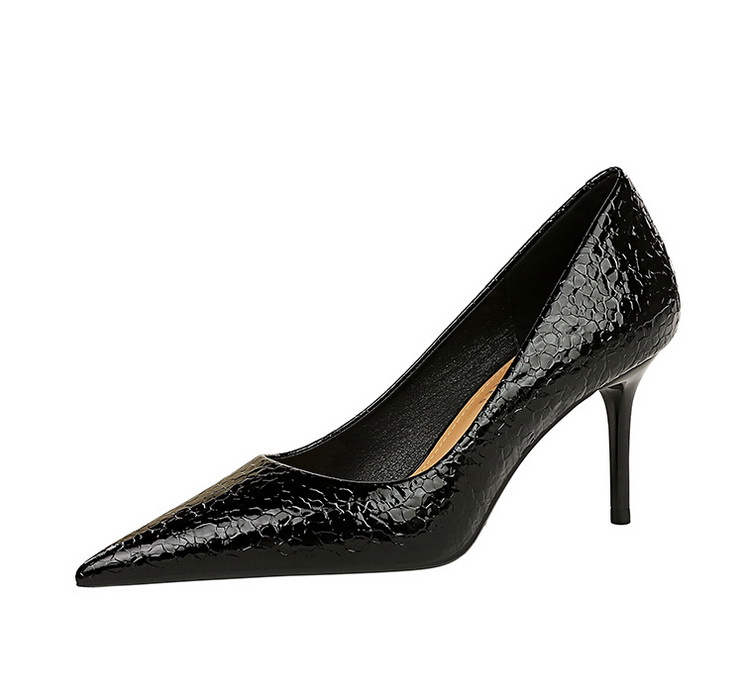 Stone patent leather women's high heels with pointed points_voghion.com