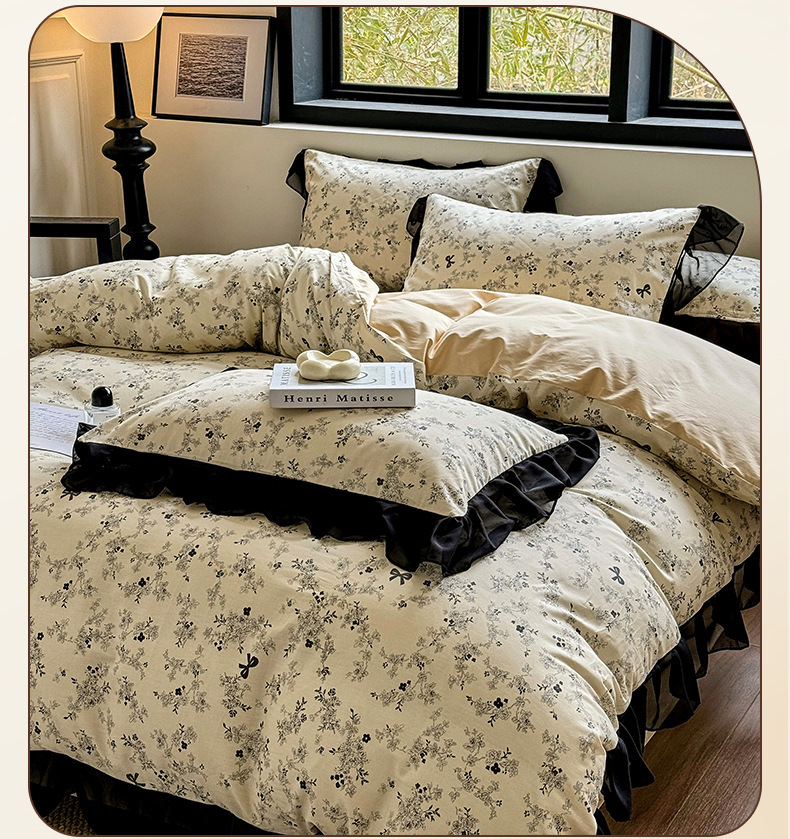 Vintage Floral Duvet Cover Set Pure Cotton Black Lace Bedding_voghion.com