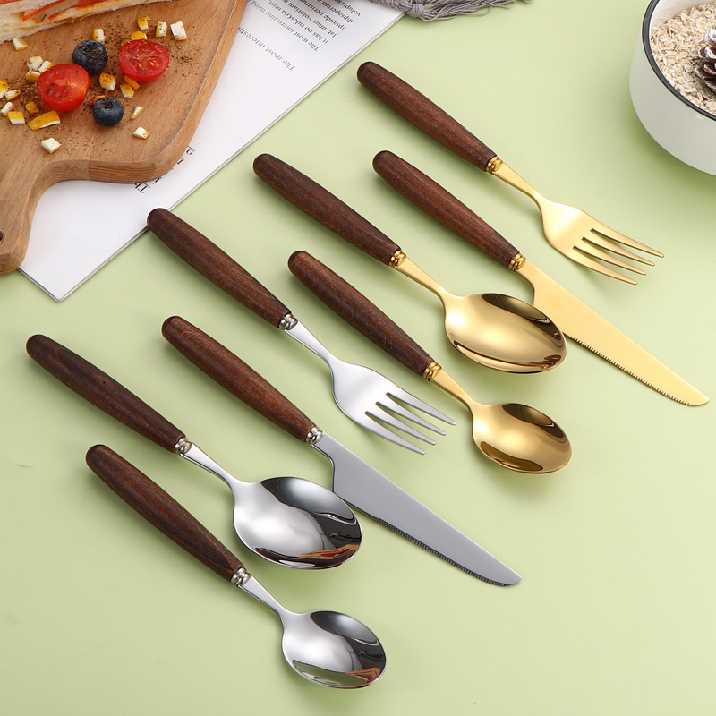 Cross Border 304 Wooden Handle Gold Plated Steak Knife and Fork Spoon Stainless Steel Japanese Style Western Tableware Coffee Hotel Solid Wood Handle Cross Border 304 Wooden Handle Gold Plated Steak Knife and Fork Spoon Stainless Steel Japanese Style Western Tableware Coffee Hotel Solid Wood Handle