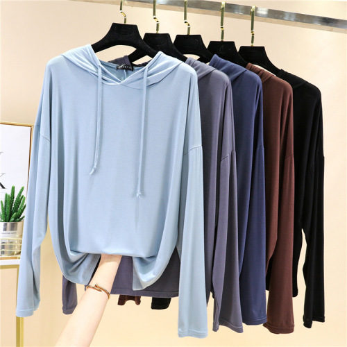 Modest Long-Sleeve Hooded T-Shirt for Women - Spring and Summer Plus Size Hooded Sweatshirt - Loose Inner Layer Top - Slimming Sun Protection Thin Upper Garment