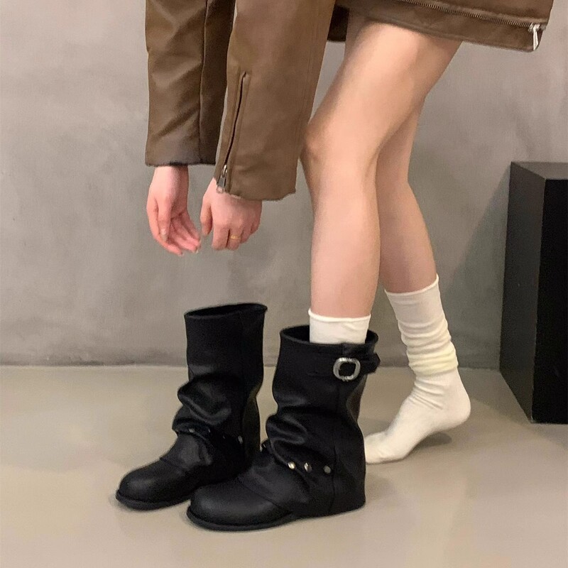 粗跟黑色马丁靴女靴子2025新款春秋季机车中筒靴裤管靴配裙子短靴|undefined