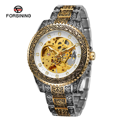 New forsining European and American style men's fashionable and casual hollow retro carved automatic mechanical watch