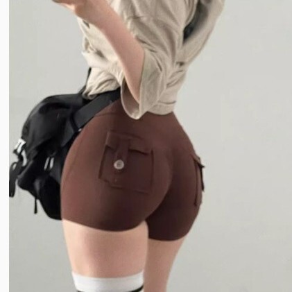 New Peach Butt-Lifting Cargo Shorts for Women, High-Waisted Elastic Tummy Control Yoga Pants, Quick-Dry Running Fitness Shorts