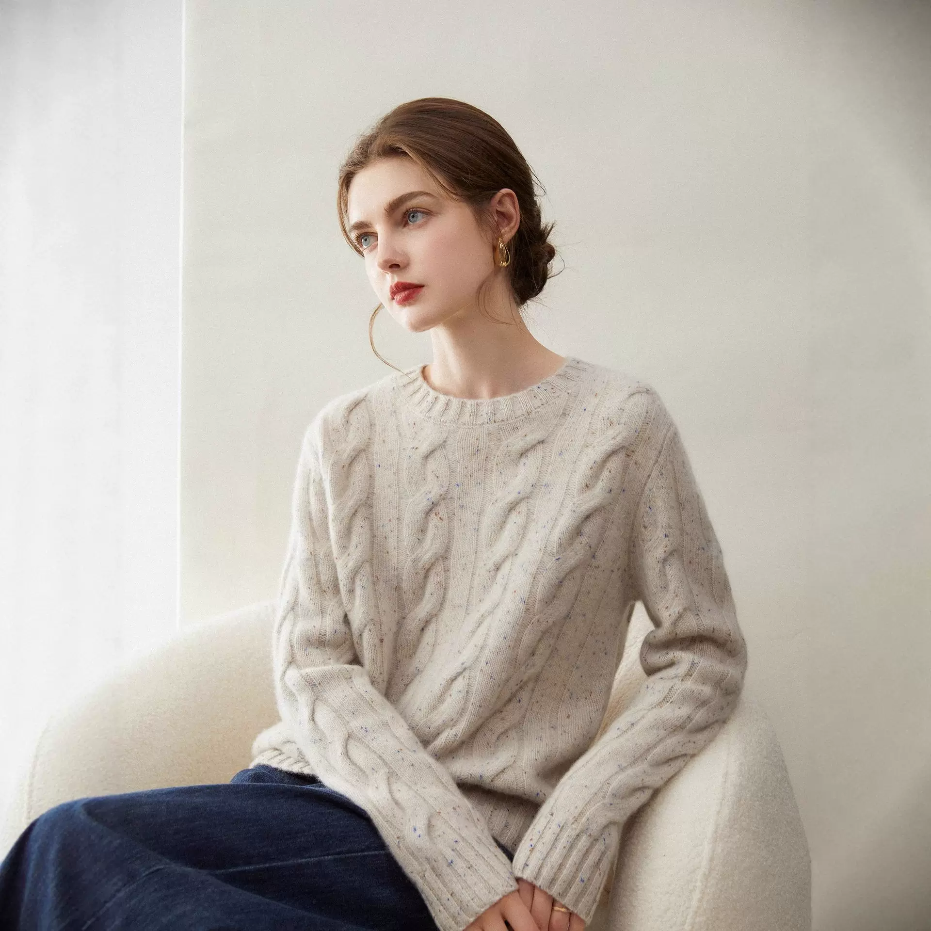 重磅软糯加厚~康赛妮100%纯山羊绒针织衫女 彩点奢华宽松内搭毛衣