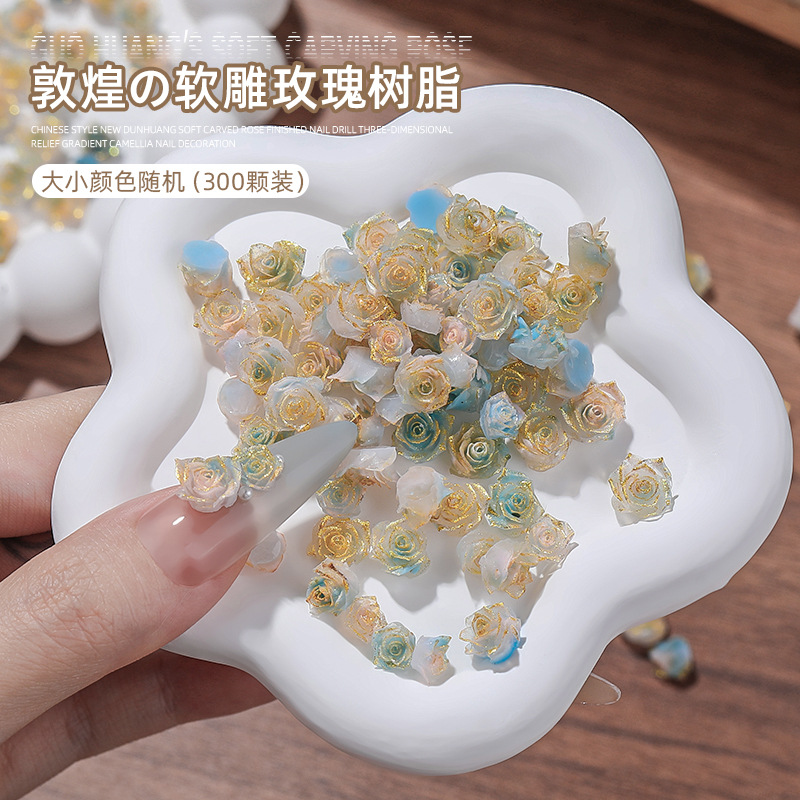 Tide nuevo estilo nacional Dunhuang rosa suave tallada productos acabados de uñas rosas rosas graduadas camellia decoración de uñas