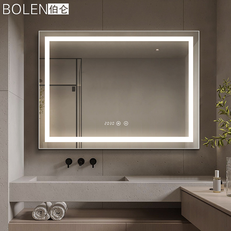 BOLLEN de lujo con caja trasera baño inteligente con pantalla táctil emisora de luz espejo cosmético de habitación de hotel montado en la pared