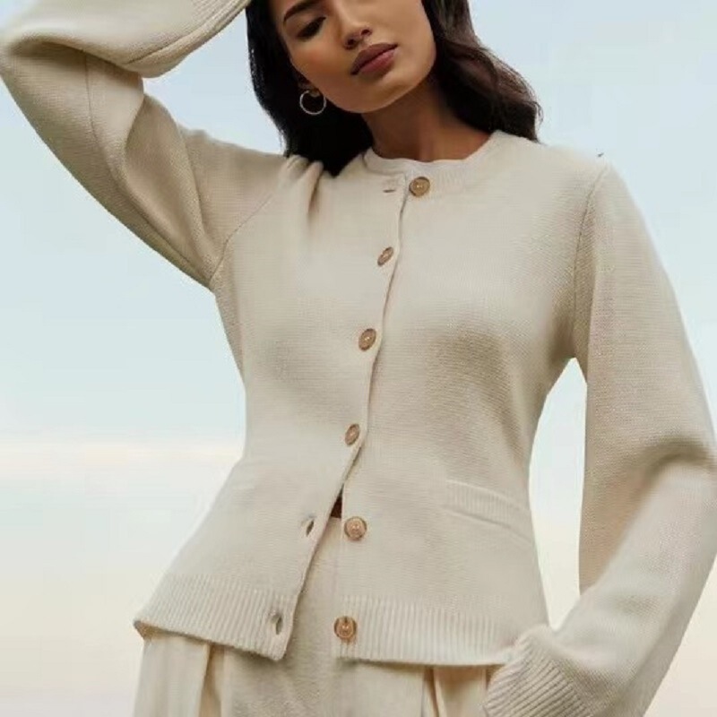 European and American Export Cross-Border Trumpet Sleeves Waisted Round Neck Pure Color Jacket Top Elegant Independent Station Knitted Cardigan Women's Clothing European and American Export Cross-Border Trumpet Sleeves Waisted Round Neck Pure Color Jacket Top Elegant Independent Station Knitted Cardigan Women's Clothing