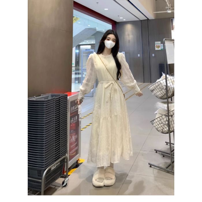 2025新款胖mm温柔风杏色蕾丝连衣裙女秋冬季收腰显瘦加绒中长裙潮|undefined