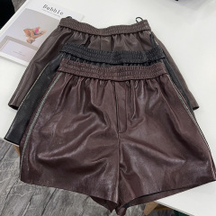 百搭单品 真皮油蜡绵羊皮短裤女2025秋新款皮裤亮皮松紧阔腿休闲